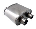 Oval silencer for VALVE systems [2.5 inch] [stainless steel] - H=140mm | W=270mm | L=250mm (excluding end sleeves) | Valve NOT included